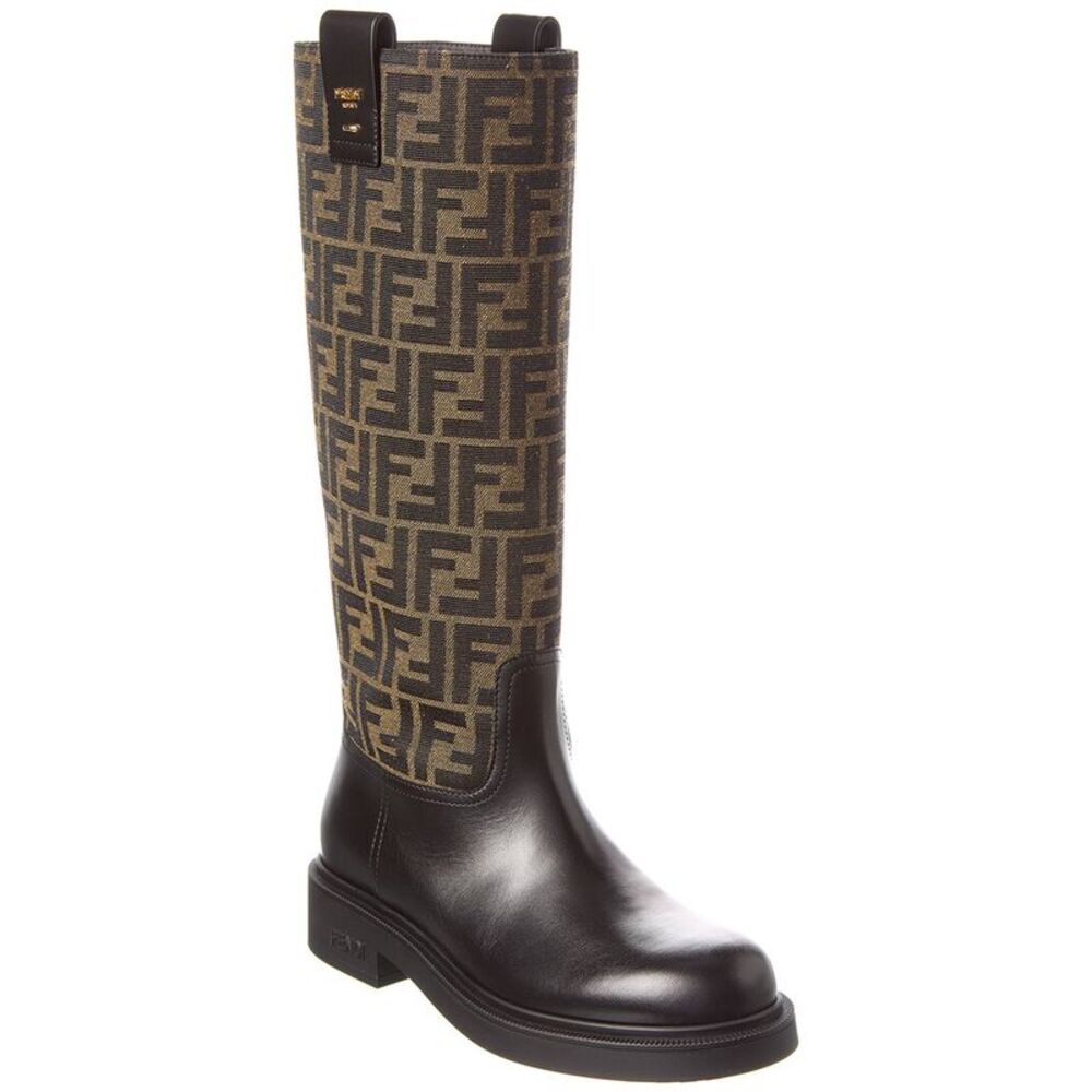Fendi Filo Ff Jacquard Canvas & Leather Knee-High Boot, Brown